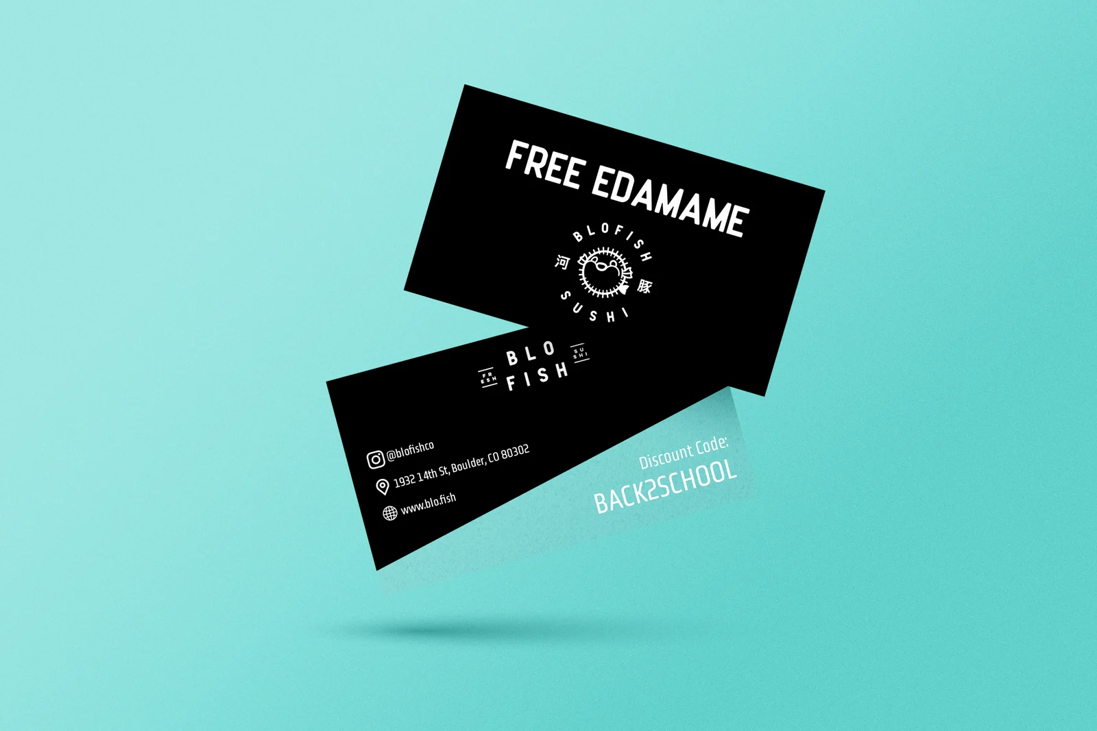 Blofish Sushi discount card design in black and blue