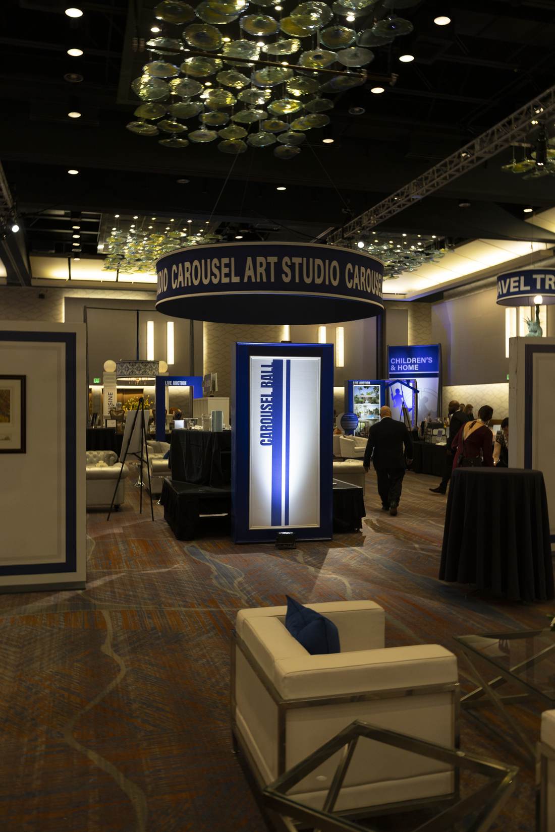Carousel Ball hanging drum sign above the art display walls