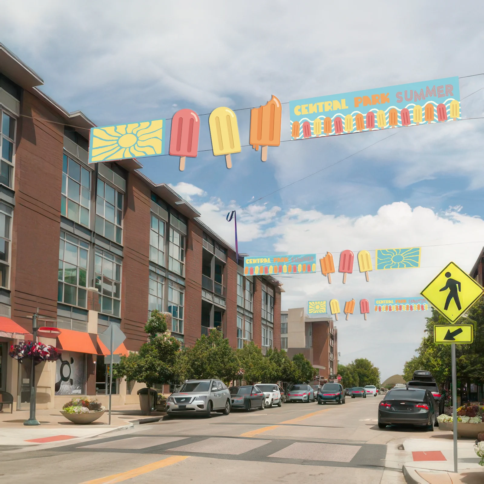 Rendered visualization of the Central Park Summer banner scheme installed on the street