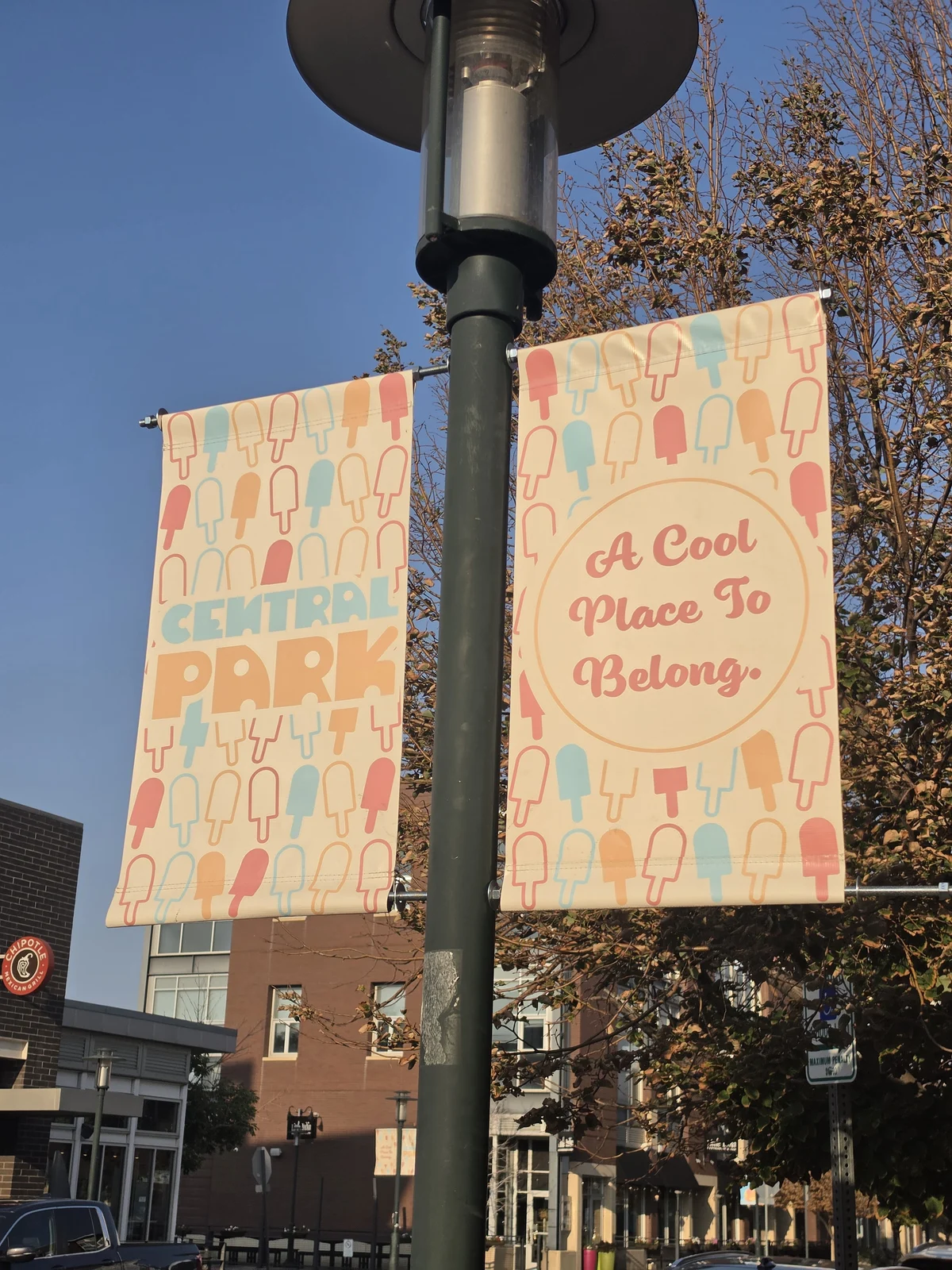 Close view of a popsicle-pattern pole banner against blue sky