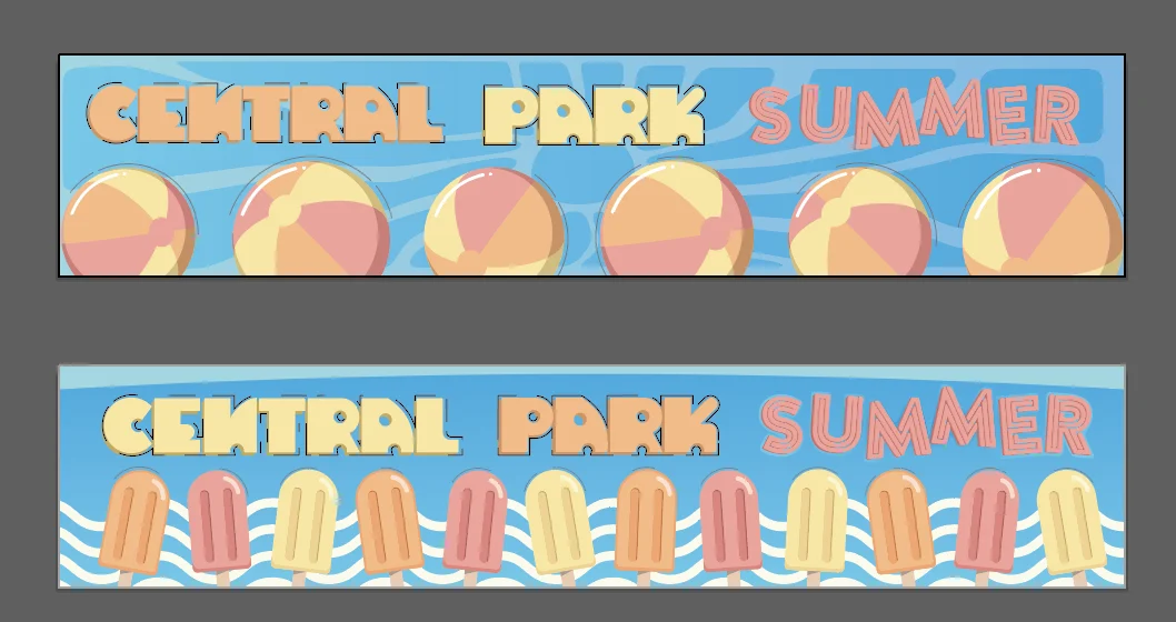 Flat artwork for the two Central Park Summer street banners, one with beach balls and one with popsicles