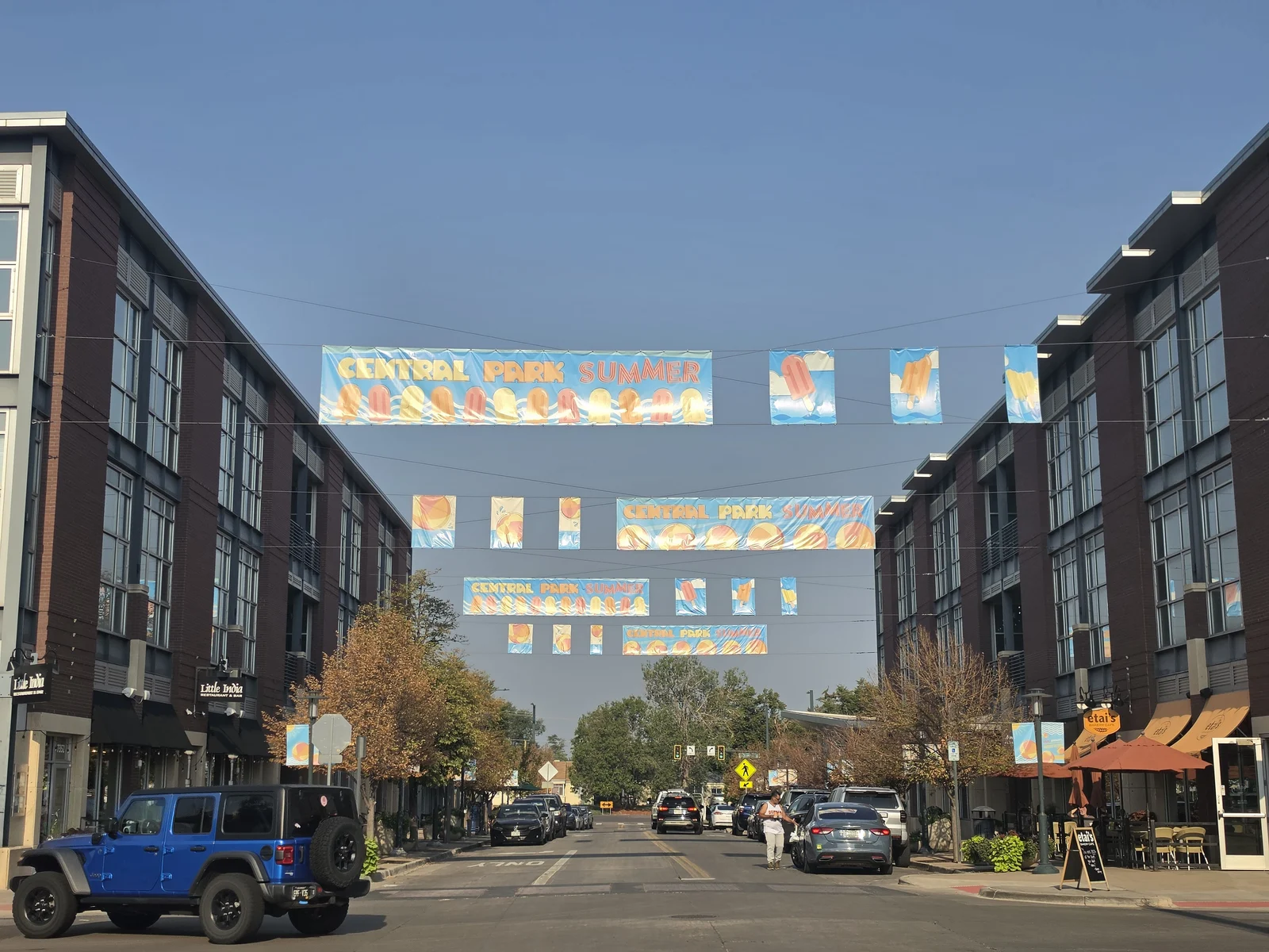The banner system seen down the length of the street