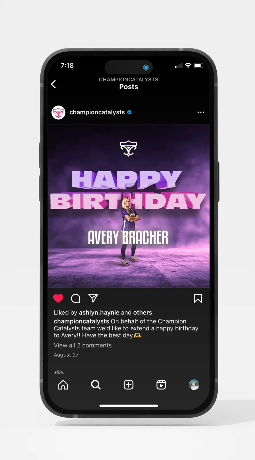 Instagram birthday post for Avery Bracher