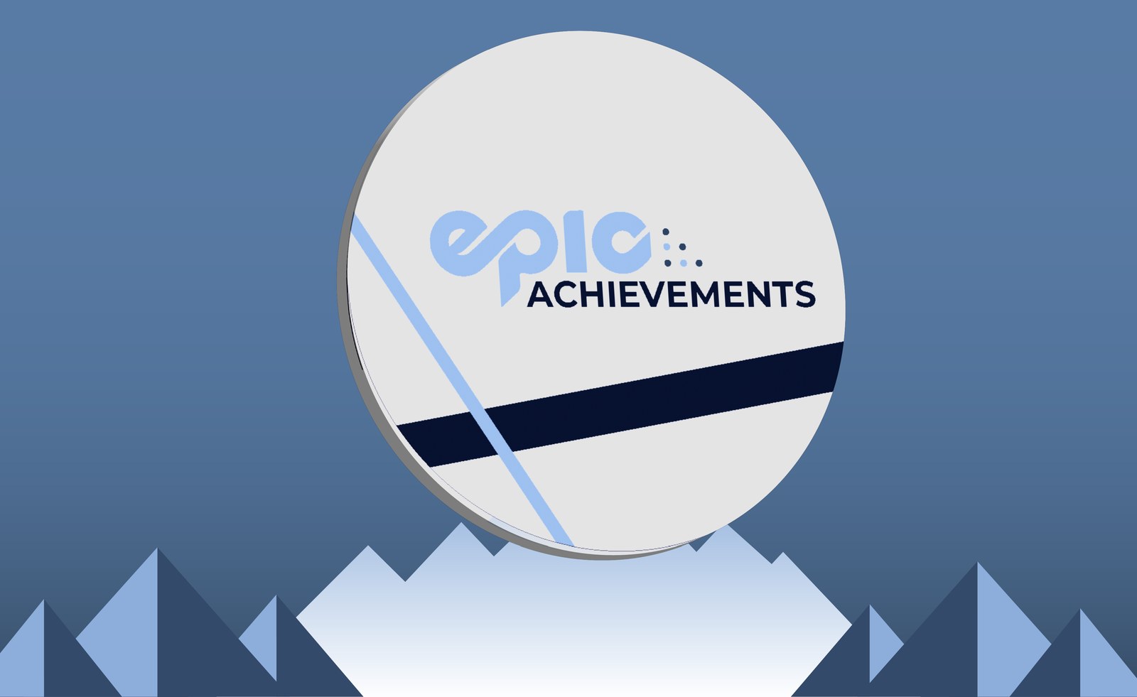 Mockup of the Epic Achievements branding applied to a circle over a mountain range graphic