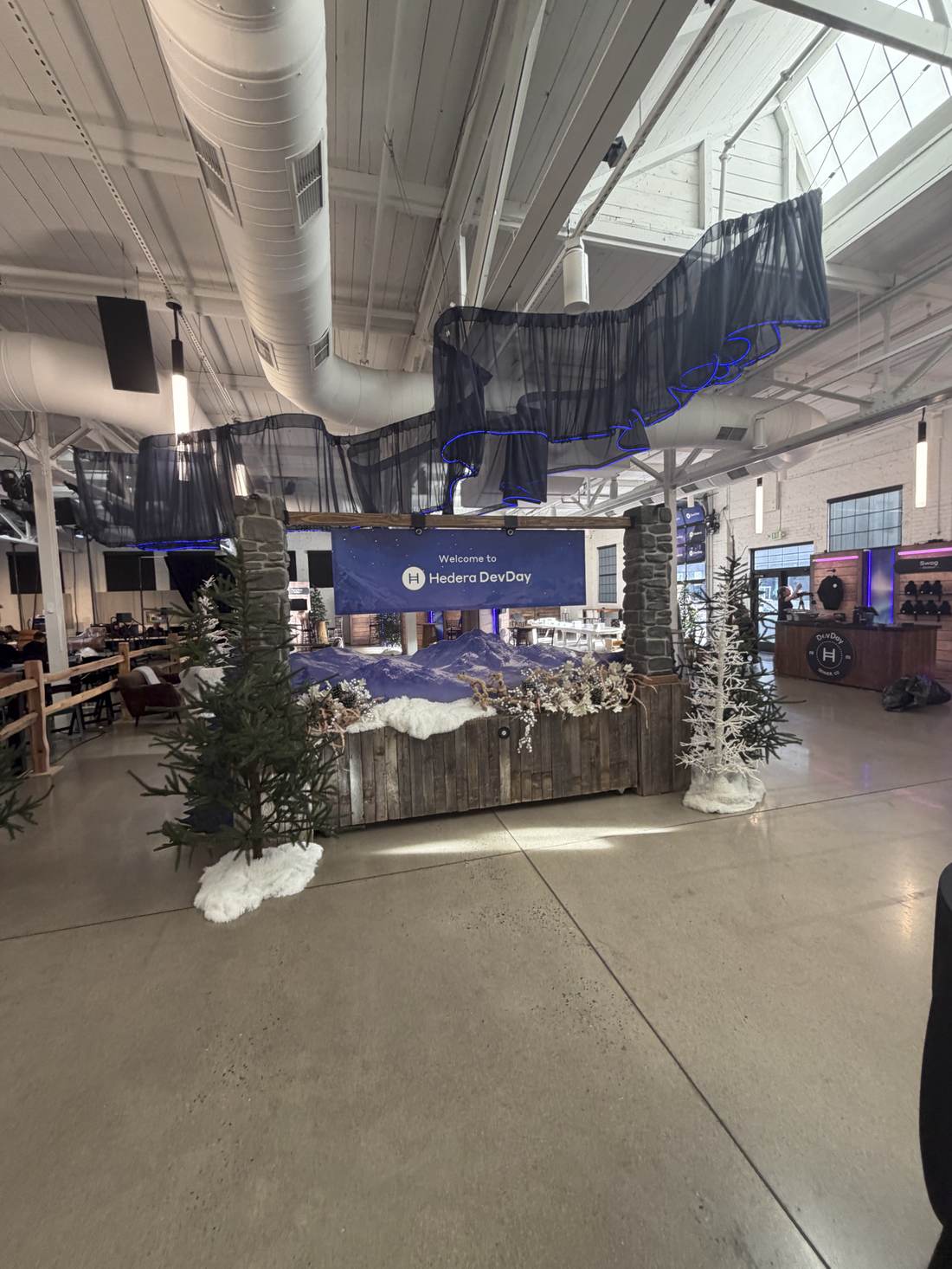 Wide view of the welcome area with swag station visible behind