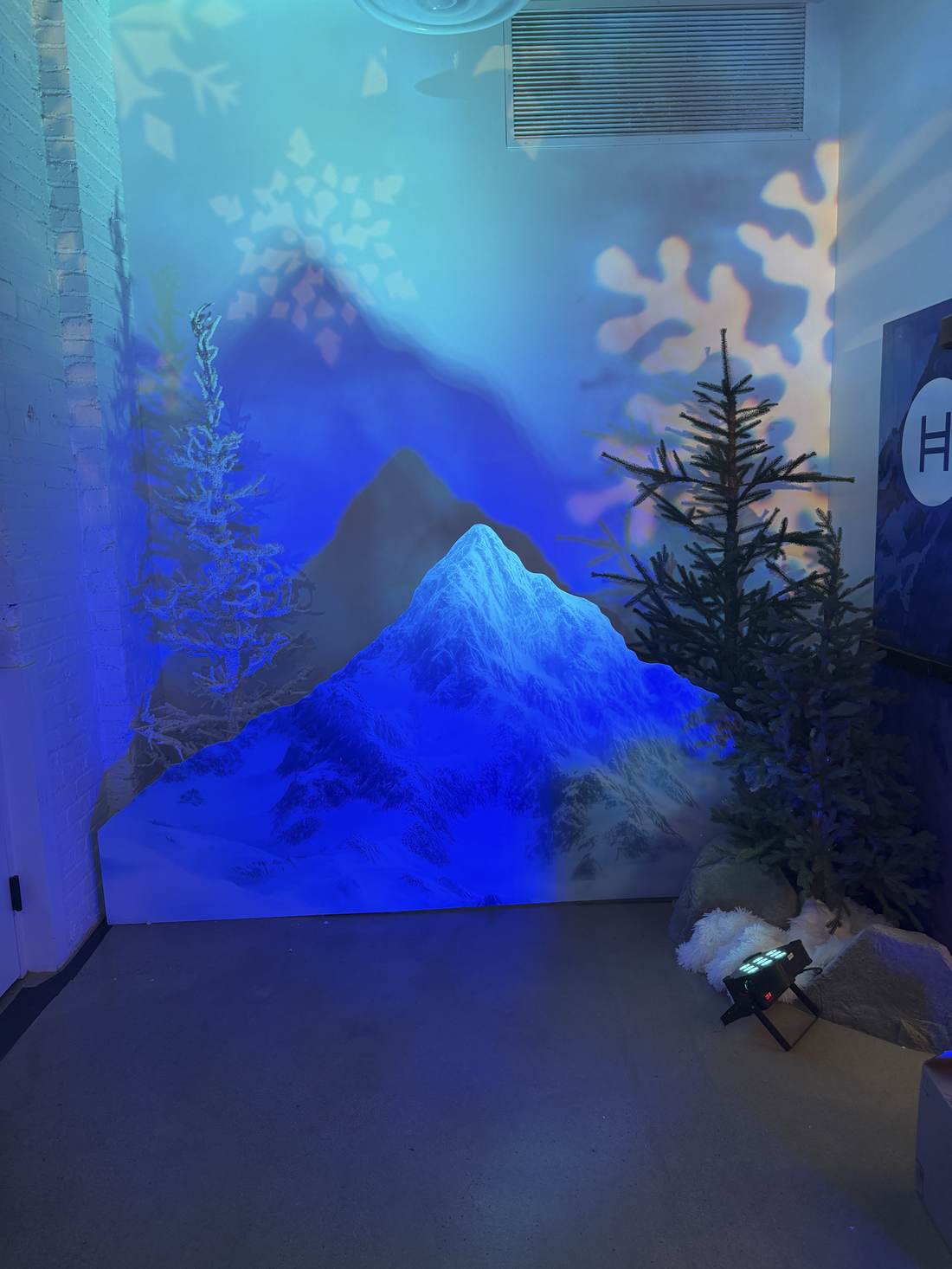 Mountain backdrop lit blue with snowflake gobo lighting