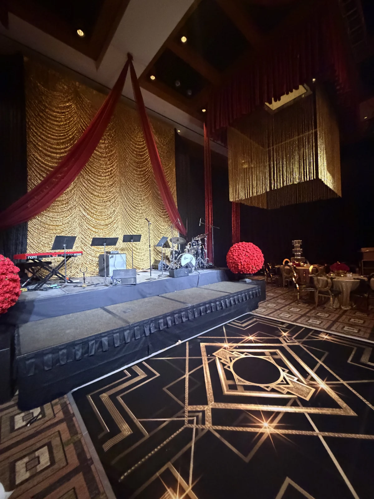 Fringe stage and patterned dance floor