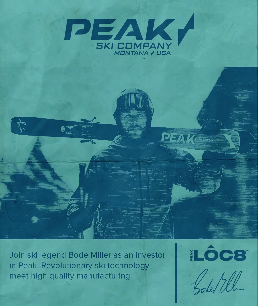 Peak Skis crowdfunding campaign graphic with paper texture treatment
