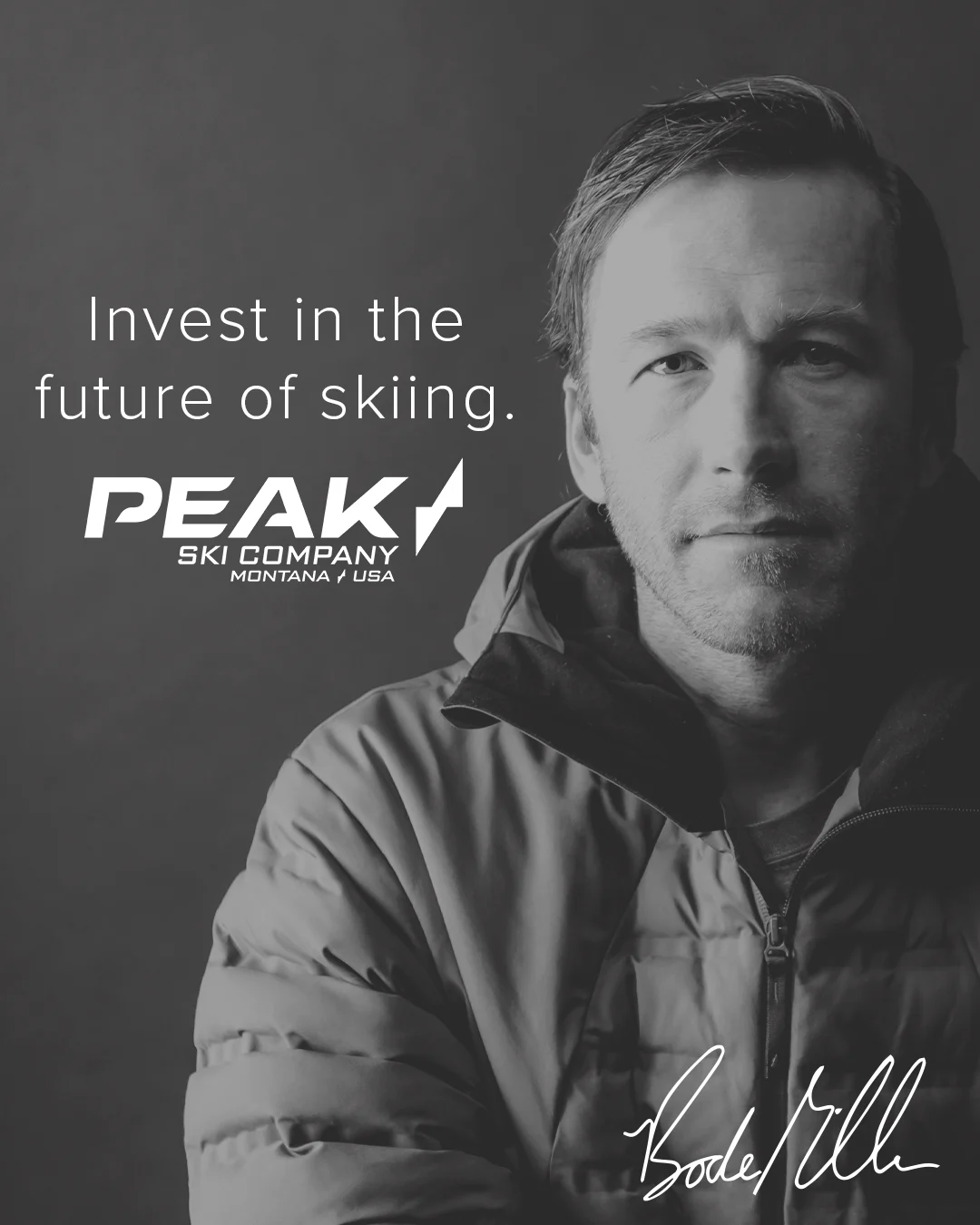 Peak Skis crowdfunding graphic featuring Bode Miller