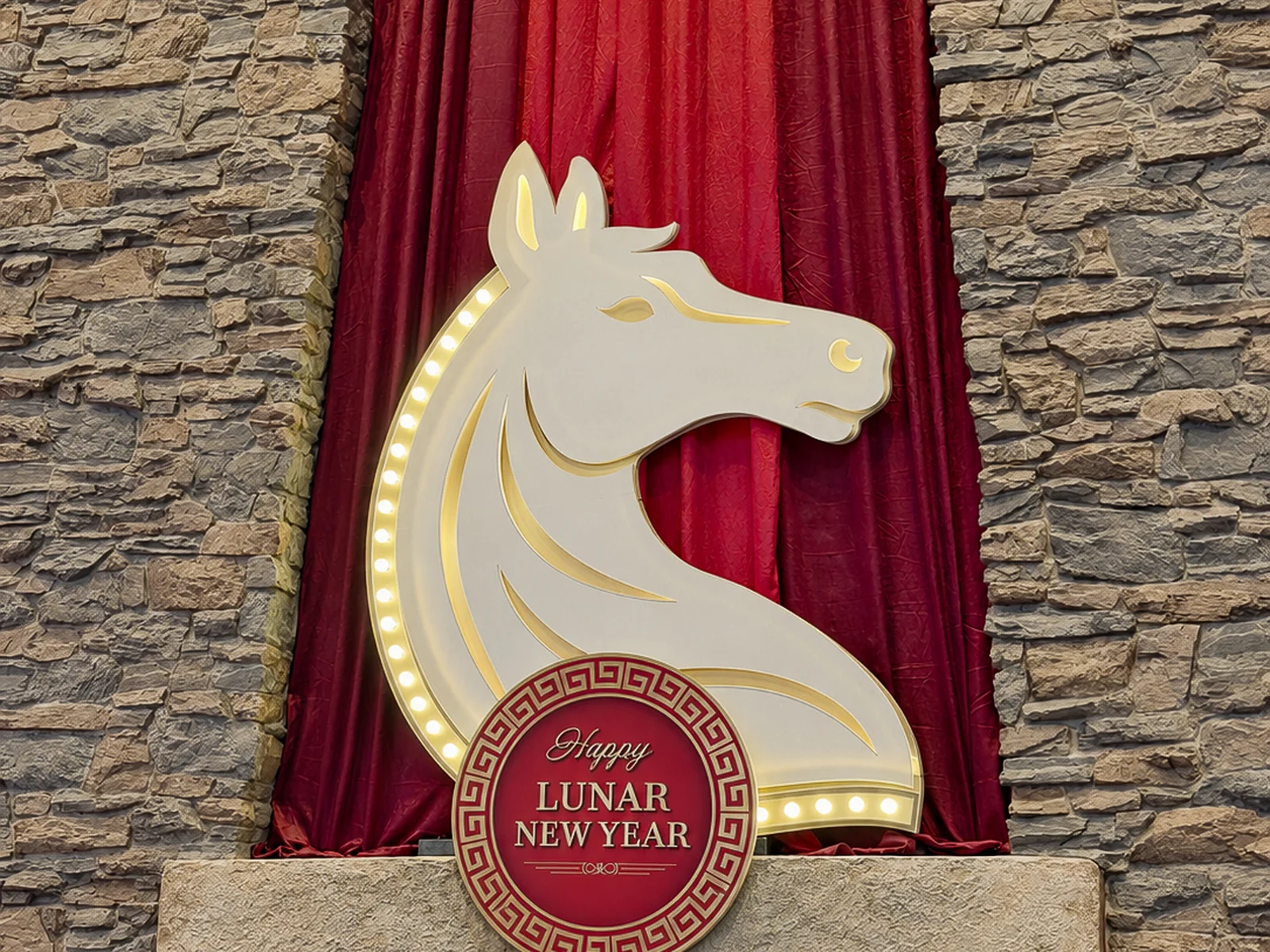 Illuminated horse-head medallion above the casino fireplace for Lunar New Year