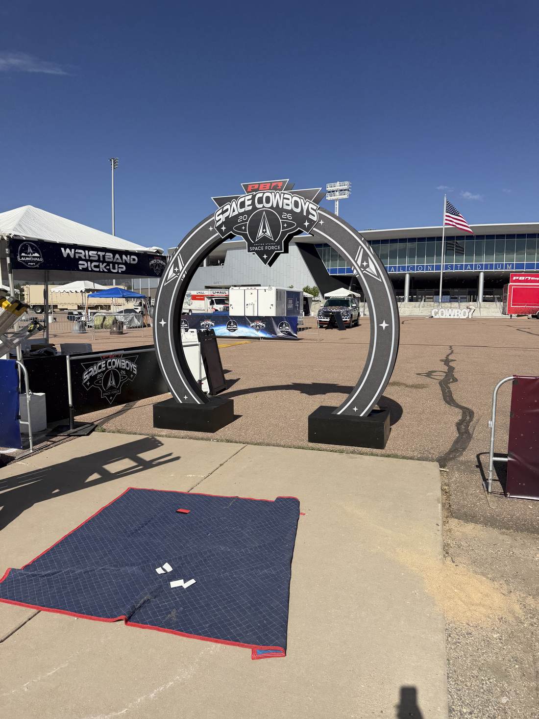 Completed Space Cowboys entrance archway with logo topper at Falcon Stadium