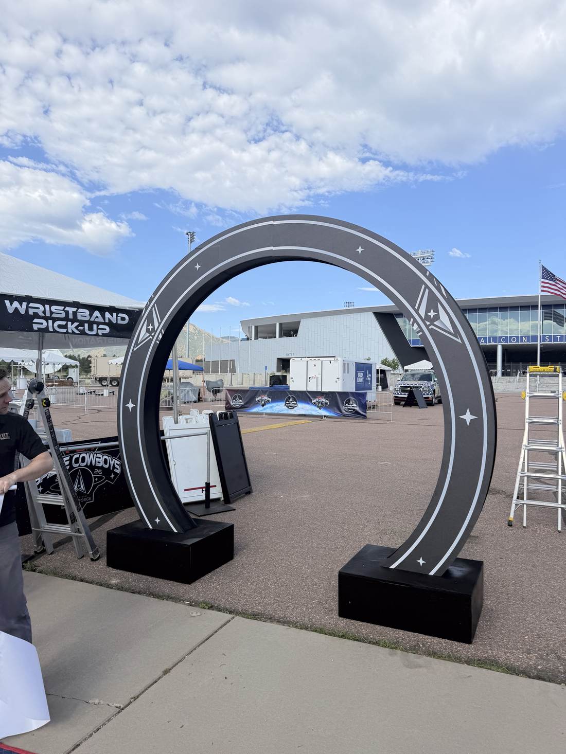Archway assembled on site before the logo topper was added